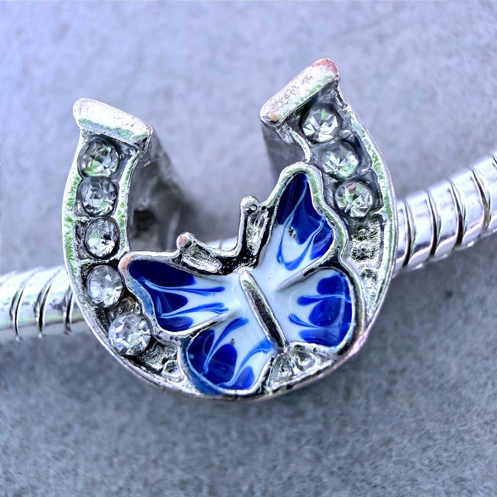 Lucky Horseshoe and Blue Butterfly Charm fits PANDORA Silver Crystal Enamel
